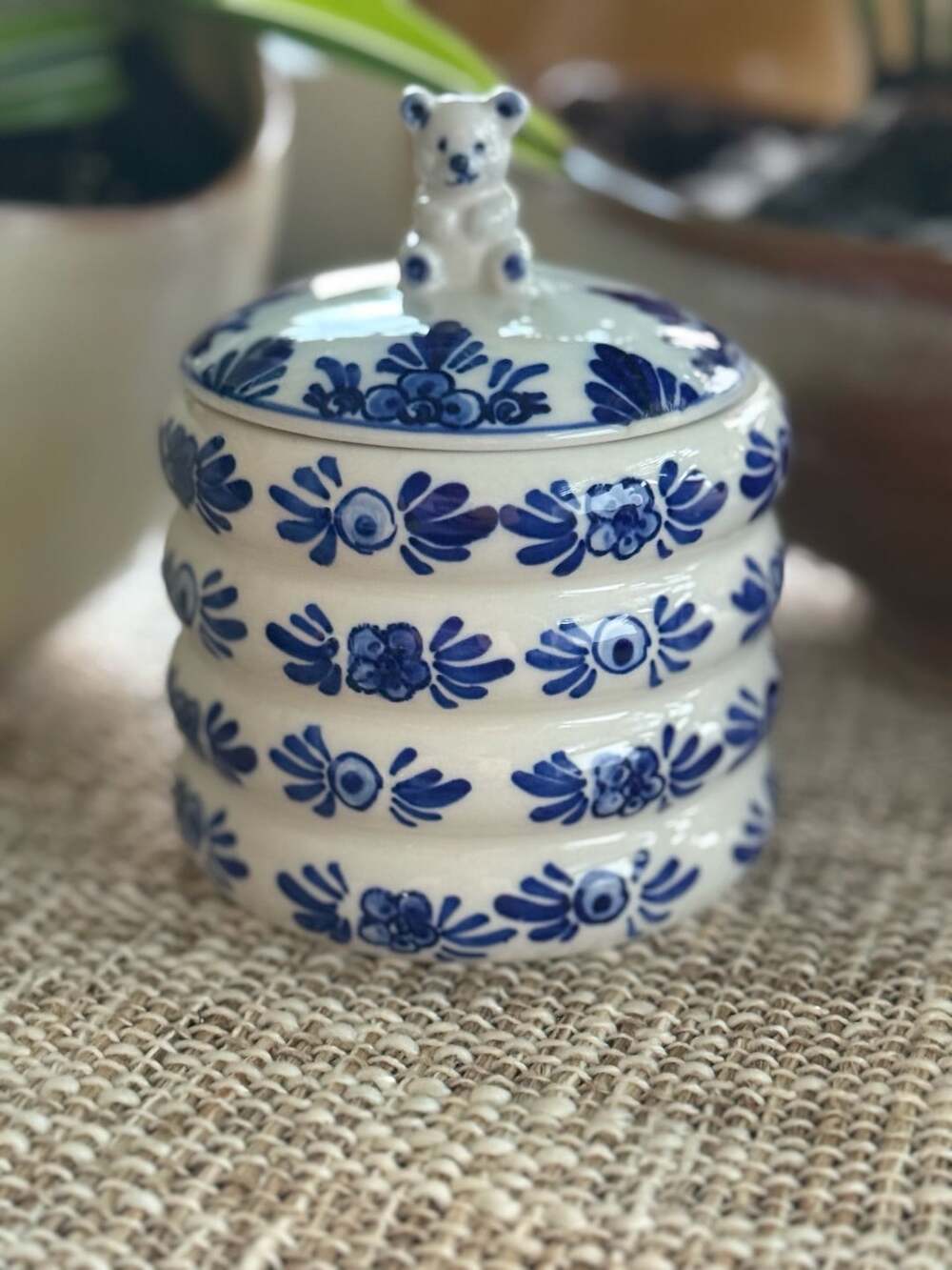 Vintage Delft Blue Honey Jar with Teddy Bear Lid -